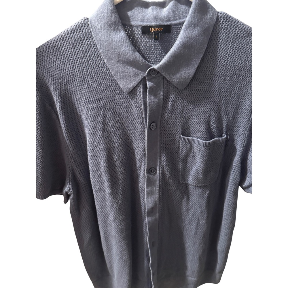 Quince Mens Organic Cotton Knit Button Down Polo Shirt Blue Gray Large